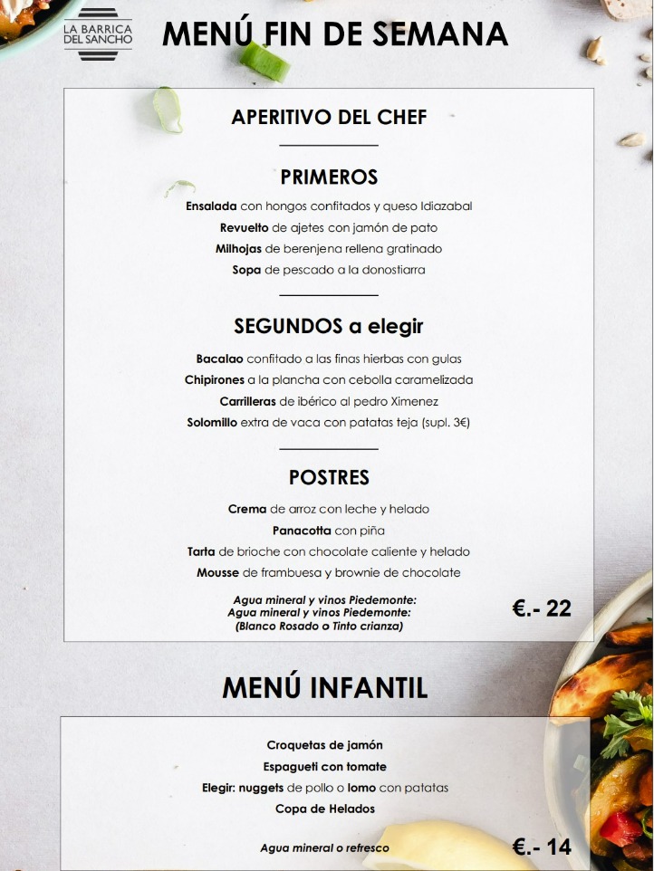 Carta de Cafeterías en Pamplona, La Barrica del Sancho, Menú fin de semana