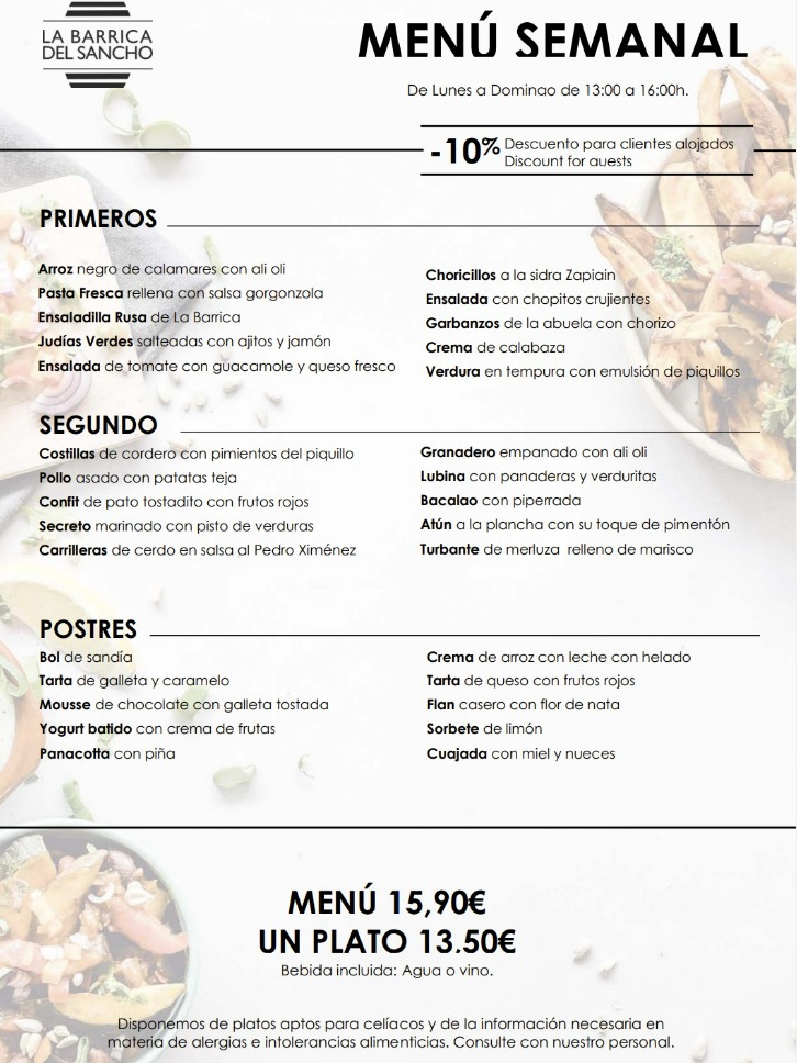 Carta de Cafeterías en Pamplona, La Barrica del Sancho, Menú semanal