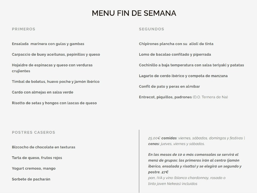 Carta de Cafeterías en Pamplona, Qwerty, Menú fin de semana