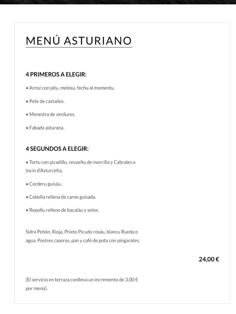 Carta de Restaurantes en Aller, Ca'l Xabú, Menú Asturiano