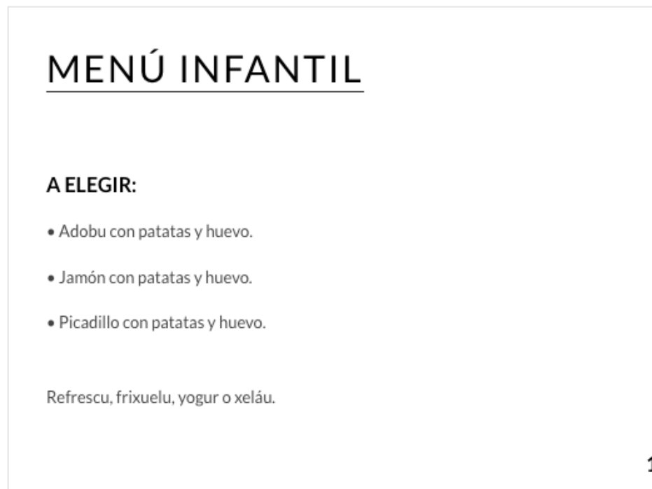 Carta de Restaurantes en Aller, Ca'l Xabú, Menú Infantil