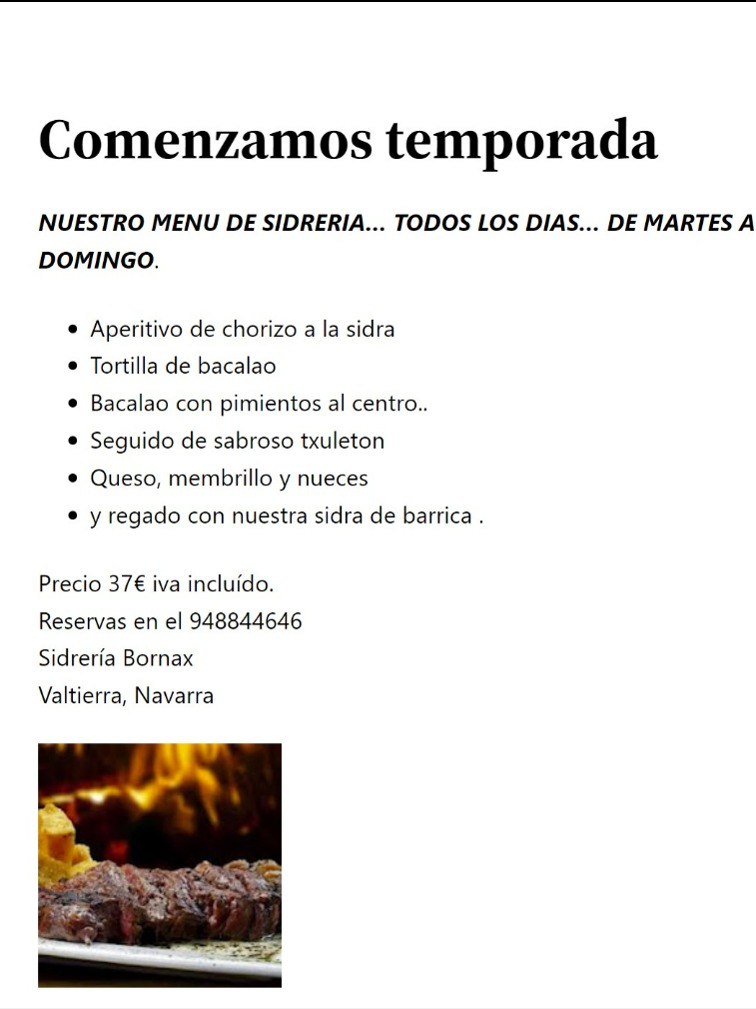Menu of Restaurants in Arguedas, Sidreria Bornax, Menú sidrería