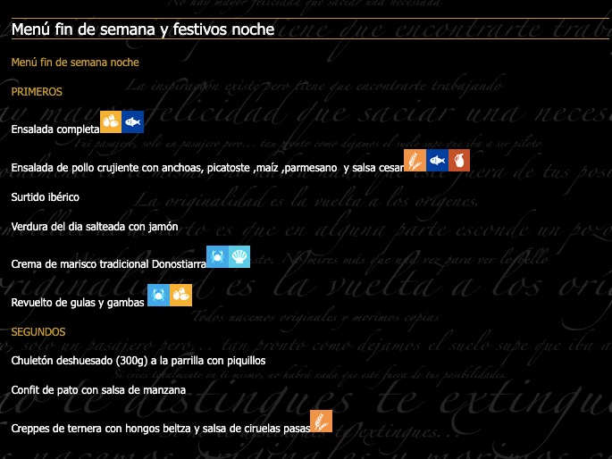 Carta de Restaurantes en Artica, Restaurante Novoart, Menú fin de semana y festivos noche