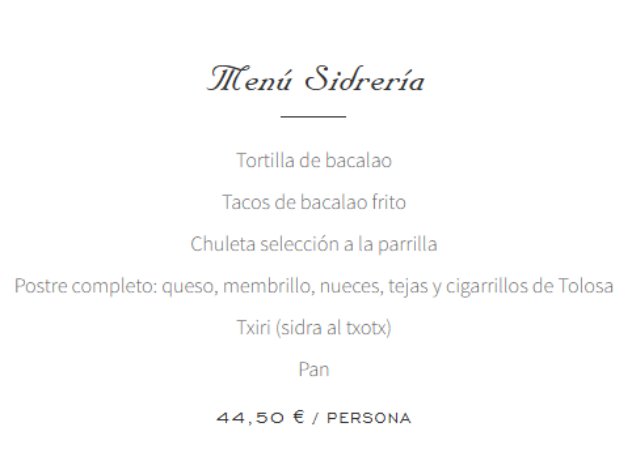 Carta de Restaurantes en Astigarraga, Petritegi Sagardotegia, Menú sidrería