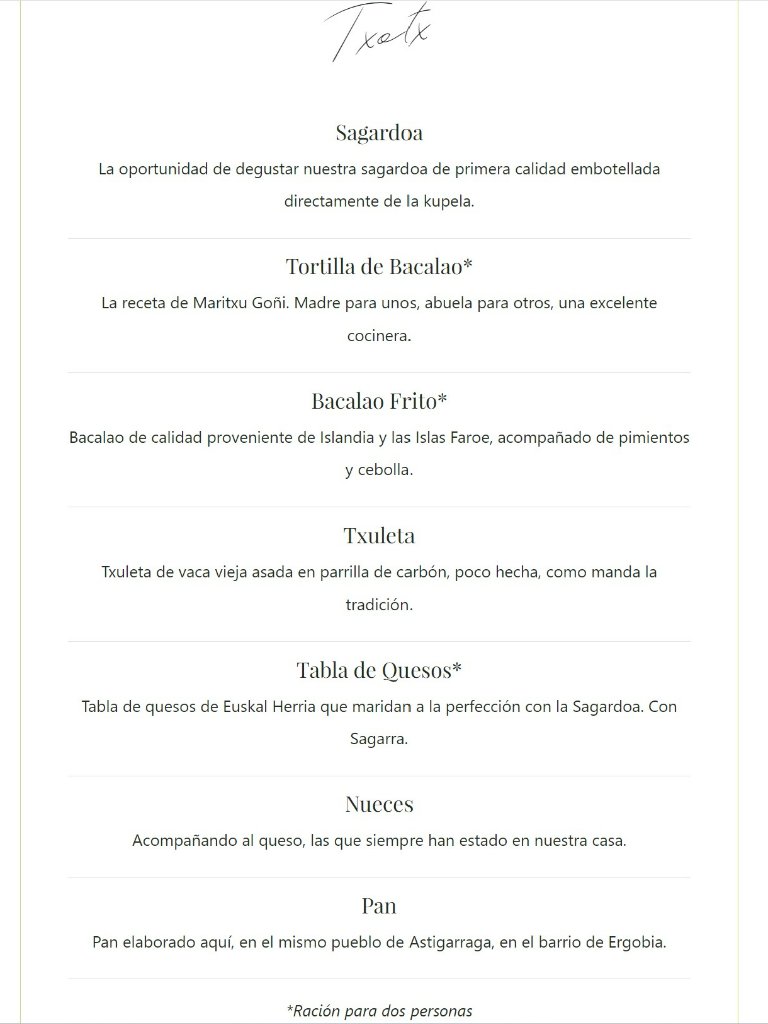Menu of Restaurants in Astigarraga, Zapiain, Menú sidrería