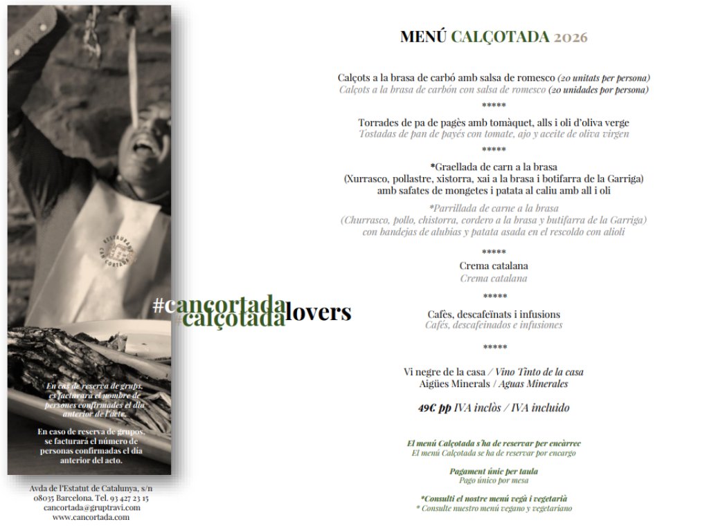 Carta de Restaurantes en Barcelona, Can Cortada, Menú calçotada 2026