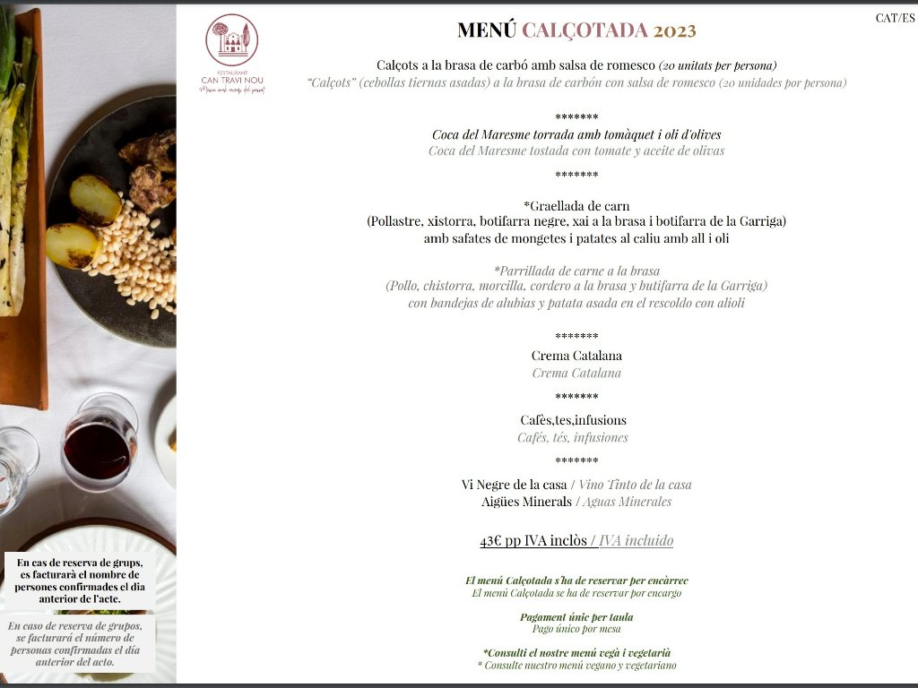 Menu of Restaurants in Barcelona, Can Travi Nou, Menú calçotada 2023