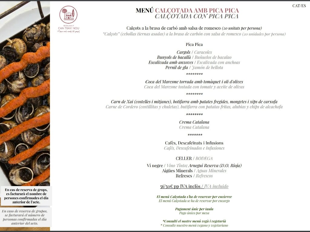 Menu of Restaurants in Barcelona, Can Travi Nou, Menú calçotada con pica pica
