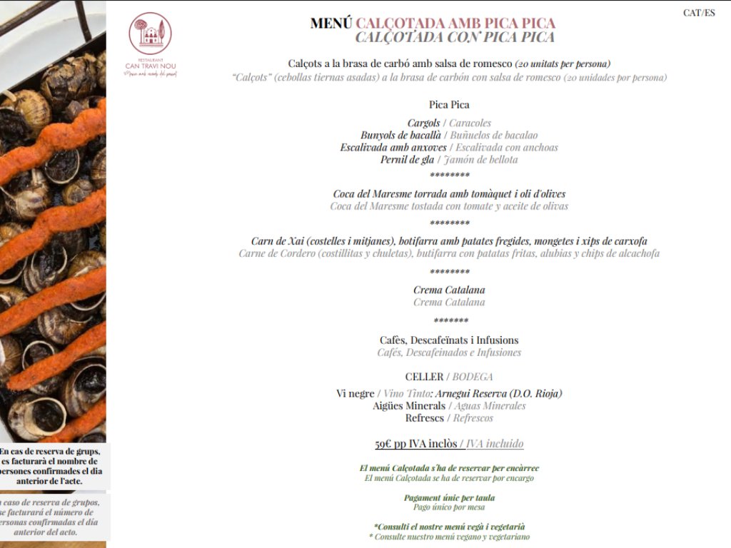 Carta de Restaurantes en Barcelona, Can Travi Nou, Menú calçotada con pica pica