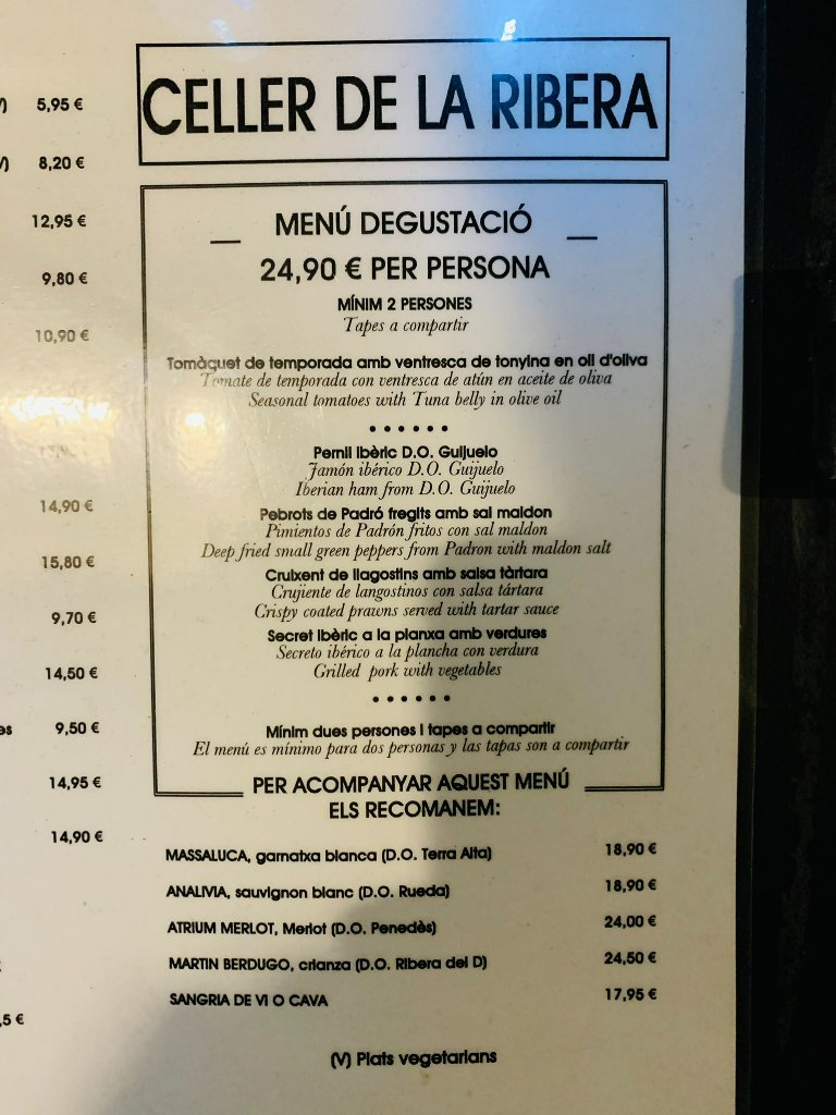 Carta de Restaurantes en Barcelona, Celler de la Ribera, Menú degustación