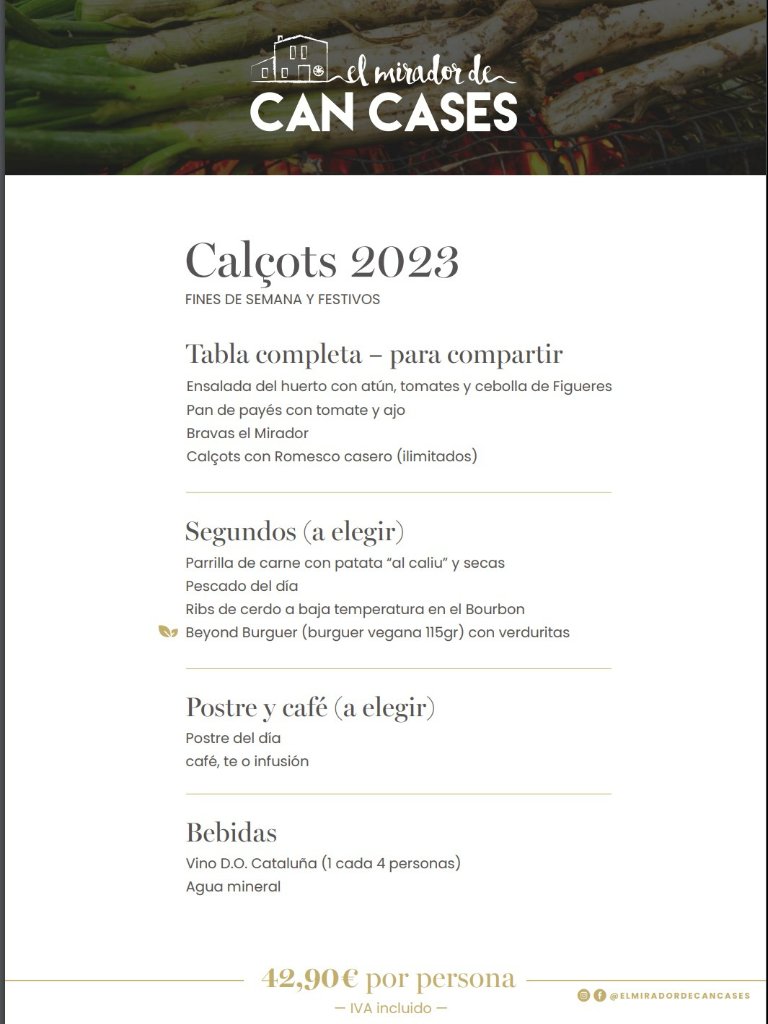 Carta de Restaurantes en Barcelona, El Mirador de Can Cases, Menú Calçots 2023 (fines de semana y festivos)
