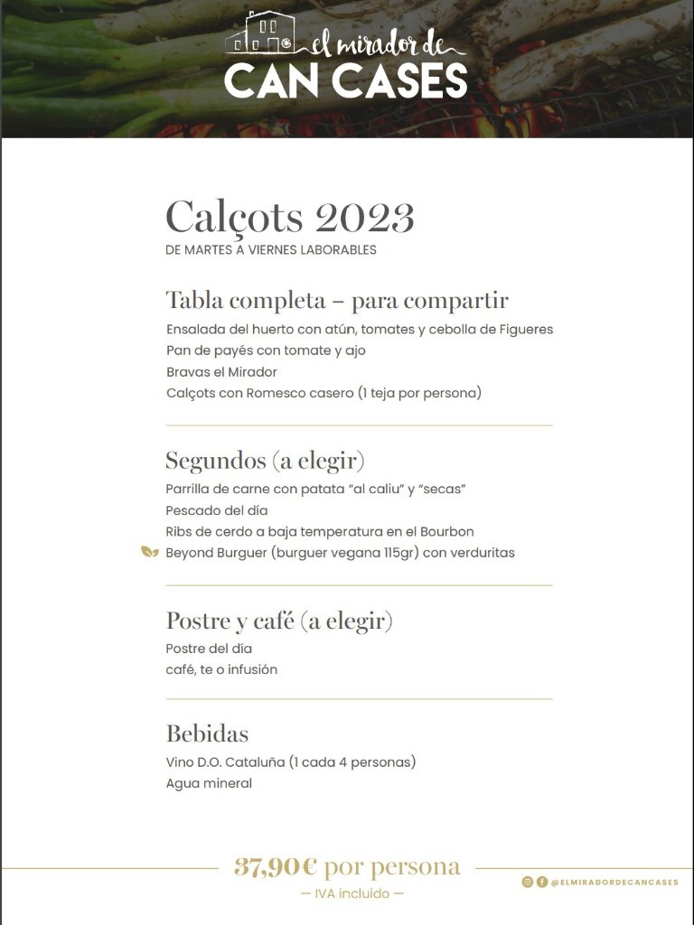 Carta de Restaurantes en Barcelona, El Mirador de Can Cases, Menú Calçots 2023