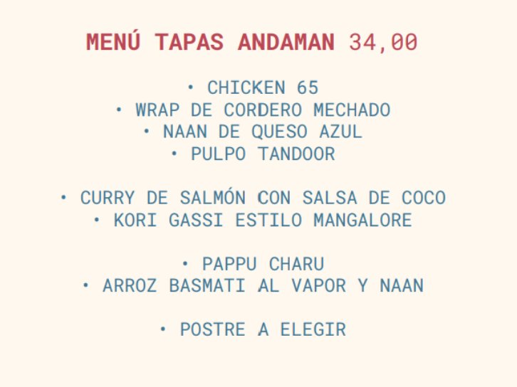 Carta de Restaurantes en Barcelona, Little Andaman, Menú tapas Andaman