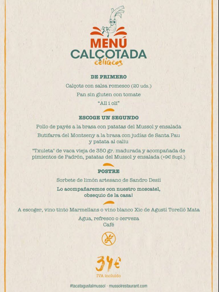 Carta de Restaurantes en Barcelona, Mussol, Menú calçotada celíacos