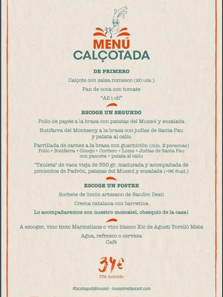 Carta de Restaurantes en Barcelona, Mussol, Menú calçotada