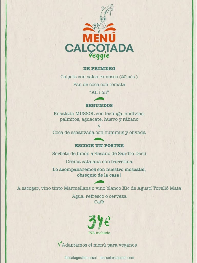 Carta de Restaurantes en Barcelona, Mussol, Menú calçotada veggie