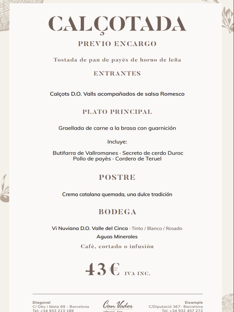Menu of Restaurants in Barcelona, Restaurant Can Vador, Menú calçotada