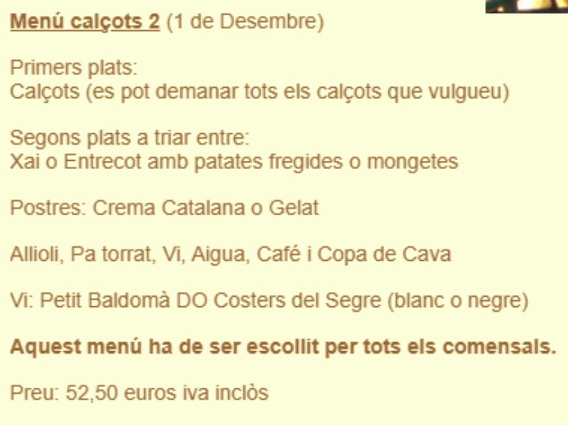 Menu of Restaurants in Barcelona, Restaurant Masia Can Jané - Cuina Catalana i Calçotada a Collserola, Barcelona., Menú Calçots 2