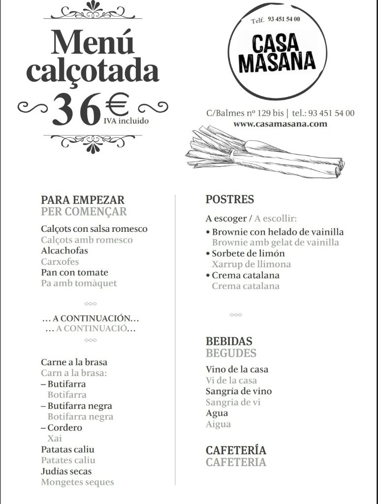 Carta de Restaurantes en Barcelona, Restaurante Casa Masana brasería, Menú calçotada
