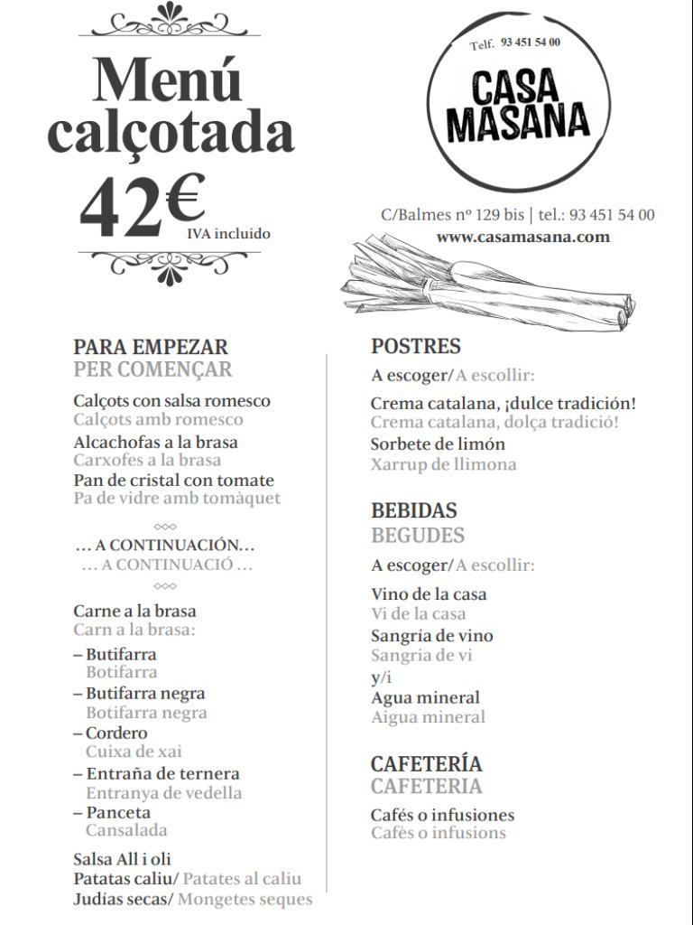 Carta de Restaurantes en Barcelona, Restaurante Casa Masana brasería, Menú calçotada