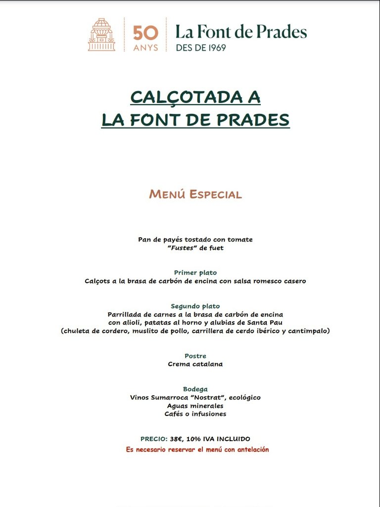 Menu of Restaurants in Barcelona, Restaurante La Font de Prades, Menú calçotada