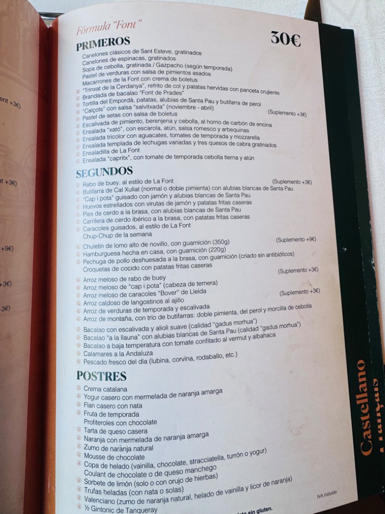 Menu of Restaurants in Barcelona, Restaurante La Font de Prades, Menú Fórmula Font