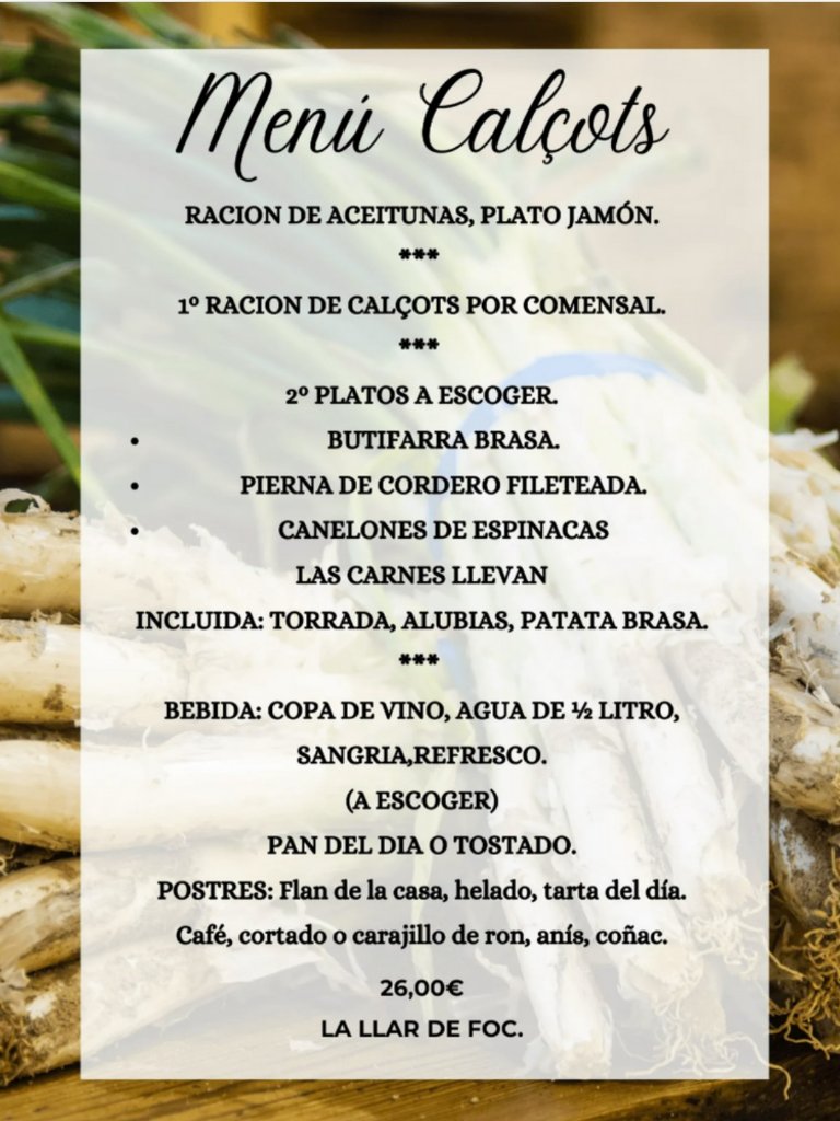 Menu of Restaurants in Barcelona, Restaurante La Llar de Foc, Menú calçots
