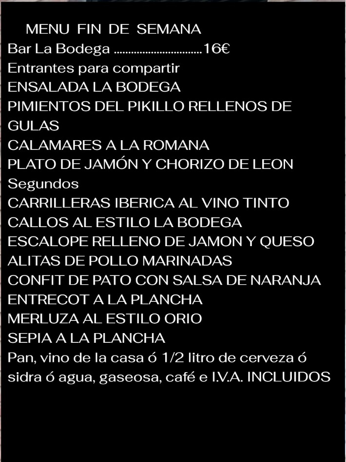 Menu of Restaurants in Berriozar, Bar La Bodega, Menú fin de semana
