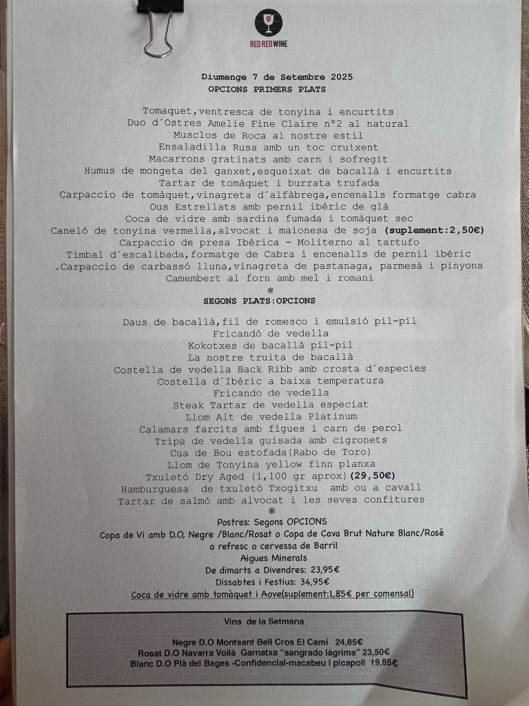 Carta de Restaurantes en Cabrera de Mar, Red Red Wine restaurante, Menú