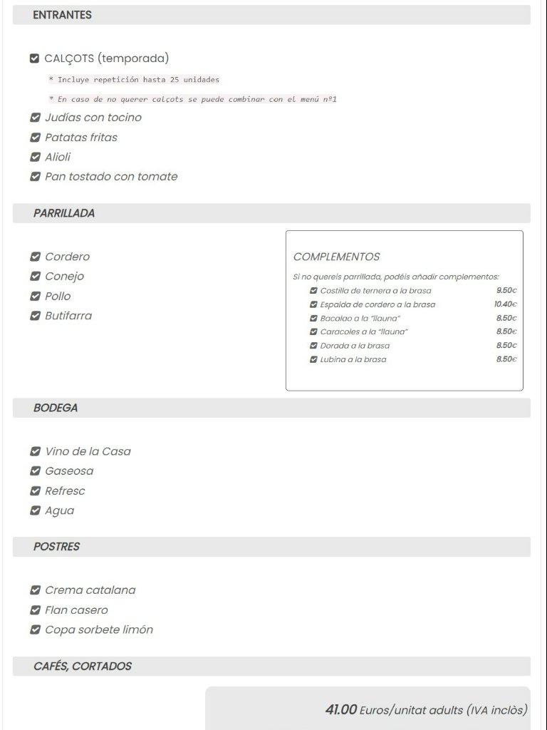 Menu of Restaurants in Cerdanyola del Vallès, Can Borrell, Menú calçotada