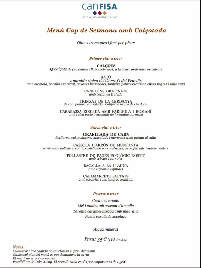 Menu of Restaurants in Corbera de Llobregat, Restaurant Can Fisa, Menú fin de semana Calçotada