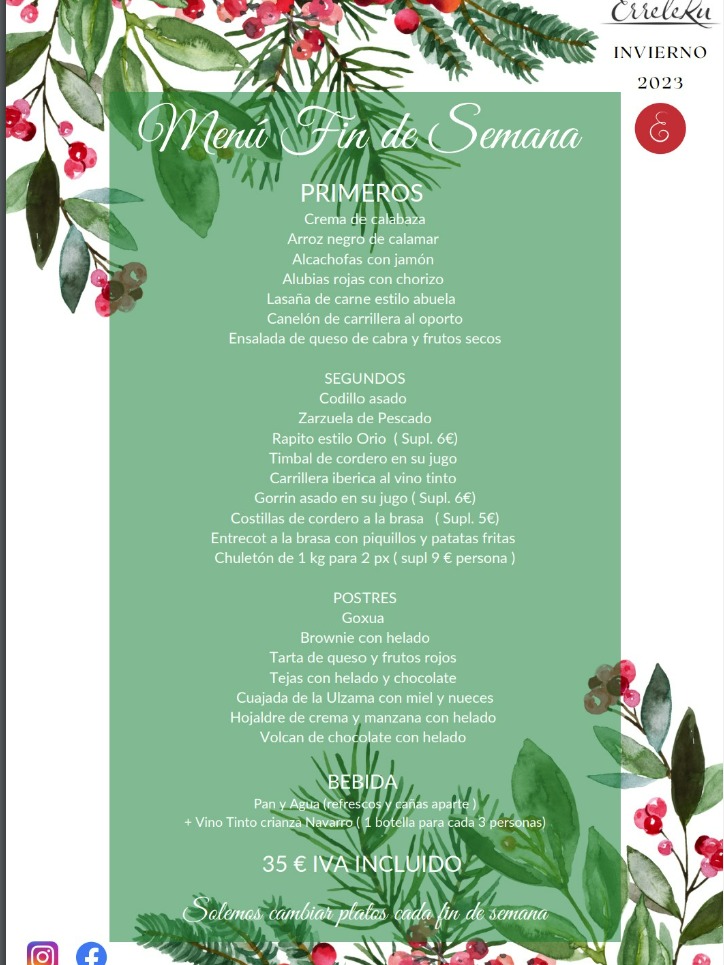 Carta de Restaurantes en Cordovilla, Asador Erreleku, Menú fin de semana