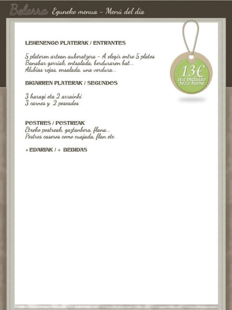 Carta de Restaurantes en Santesteban, Restaurante BELARRA jatetxea, Menú del día
