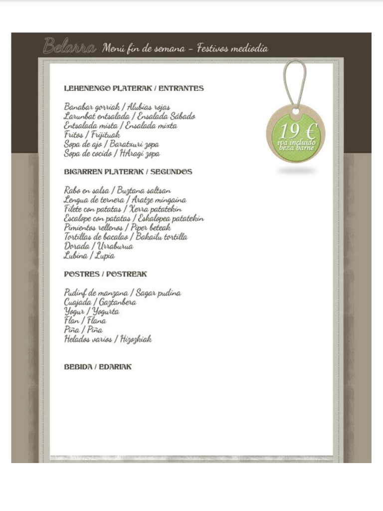 Carta de Restaurantes en Santesteban, Restaurante BELARRA jatetxea, Menú festivos
