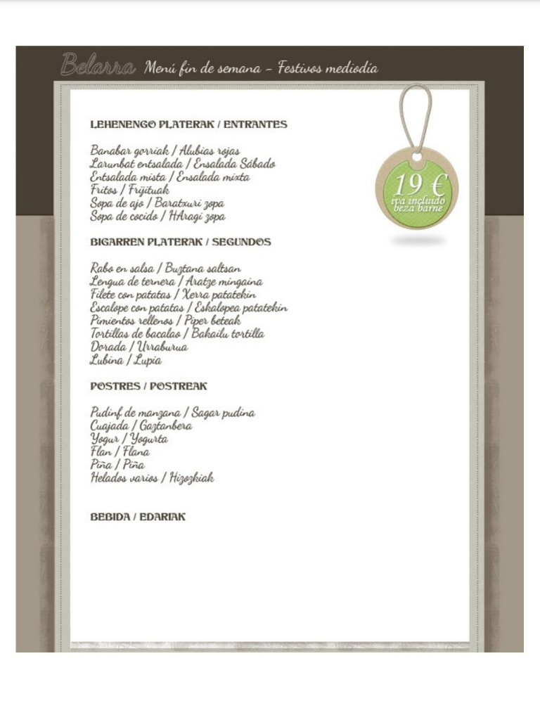 Menu of Restaurants in Doneztebe-Santesteban, Restaurante BELARRA jatetxea, Menú festivos