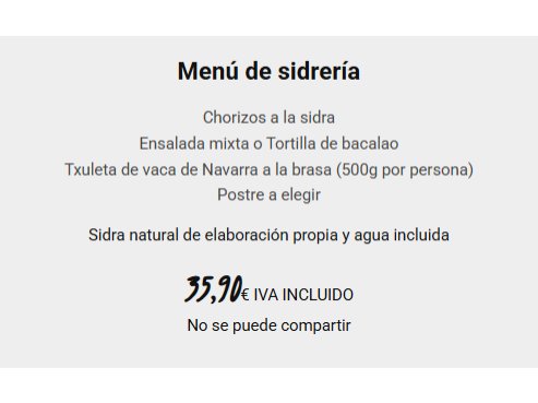 Menu of Restaurants in Gerendiain, Restaurante Sidrería Aitona, Menú de sidrería