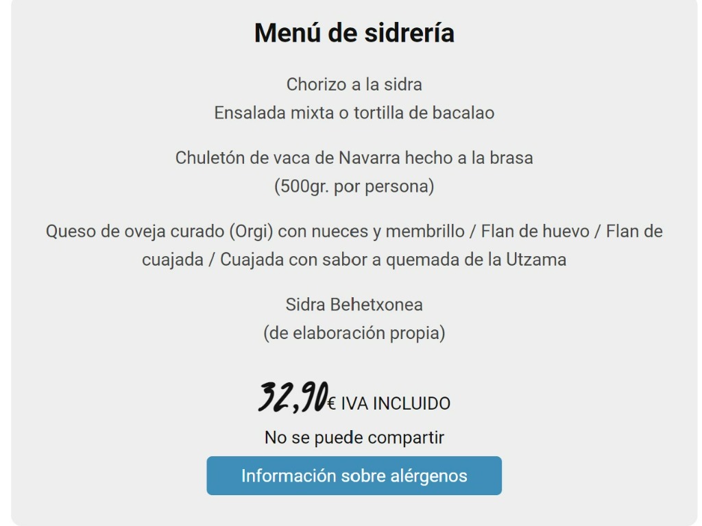 Carta de Restaurantes en Gerendiain, Restaurante Sidrería Aitona, Menú de sidrería