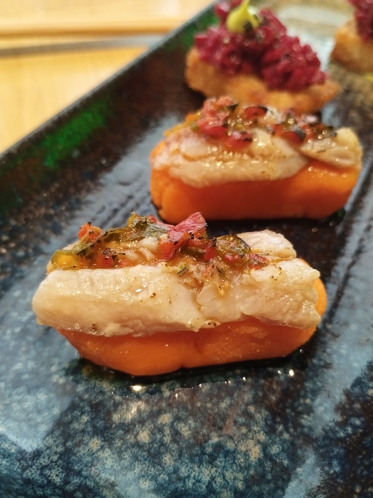 Menu of Restaurants in Huarte, Mixtura, Causa de piquillos, sardina ahumada y chimichurri