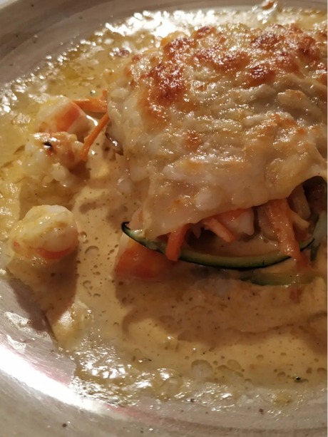 Carta de Restaurantes en Madrid, Restaurante La Gamella, Lasaña de langostinos tigre, verduritas y setas