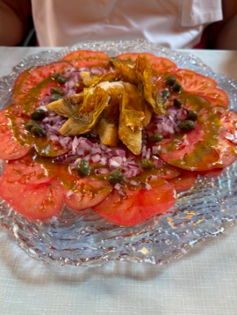 Menu of Restaurants in Murcia, Restaurante Pecado, Laminas de tomate marazul, encurtidos, espuma y crujiente de alcachofa