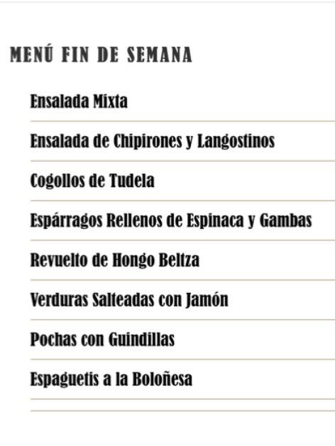 Carta de Restaurantes en Murieta, Restaurante Hostal Etayo, Menú fin de semana