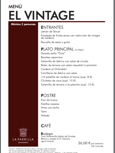 Menu of Restaurants in Tudela, La Parrilla Restaurante, Menú El vintage