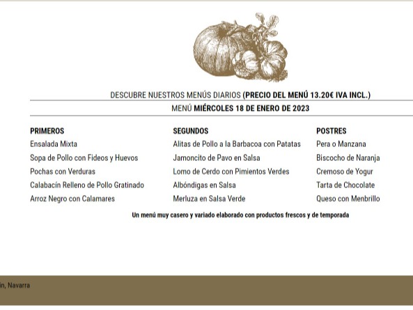 Menu of Restaurants in Noáin, Restaurante 99, Menú del día