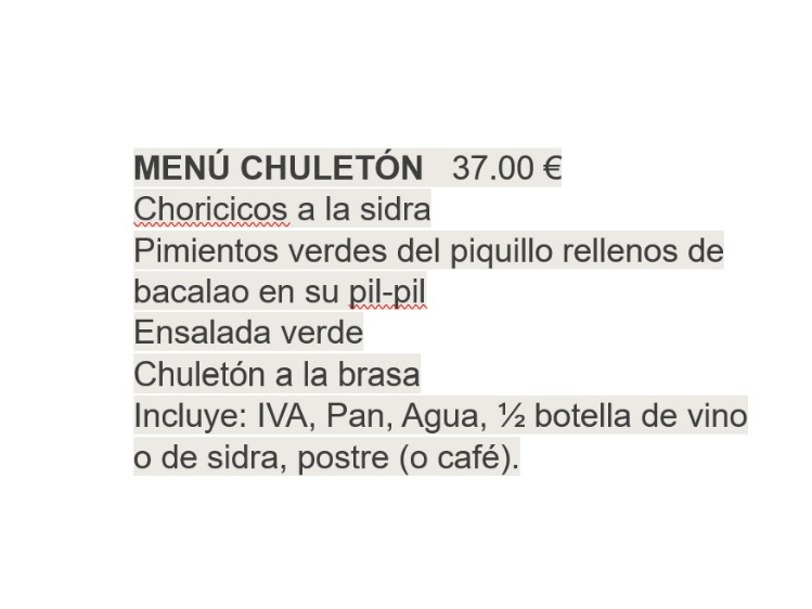 Carta de Restaurantes en Ochagavía, Kixkia, Menú sidrería chuletón