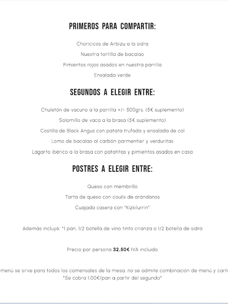 Menu of Restaurants in Oricáin, Asador Ezcabarte, Menú sidrería
