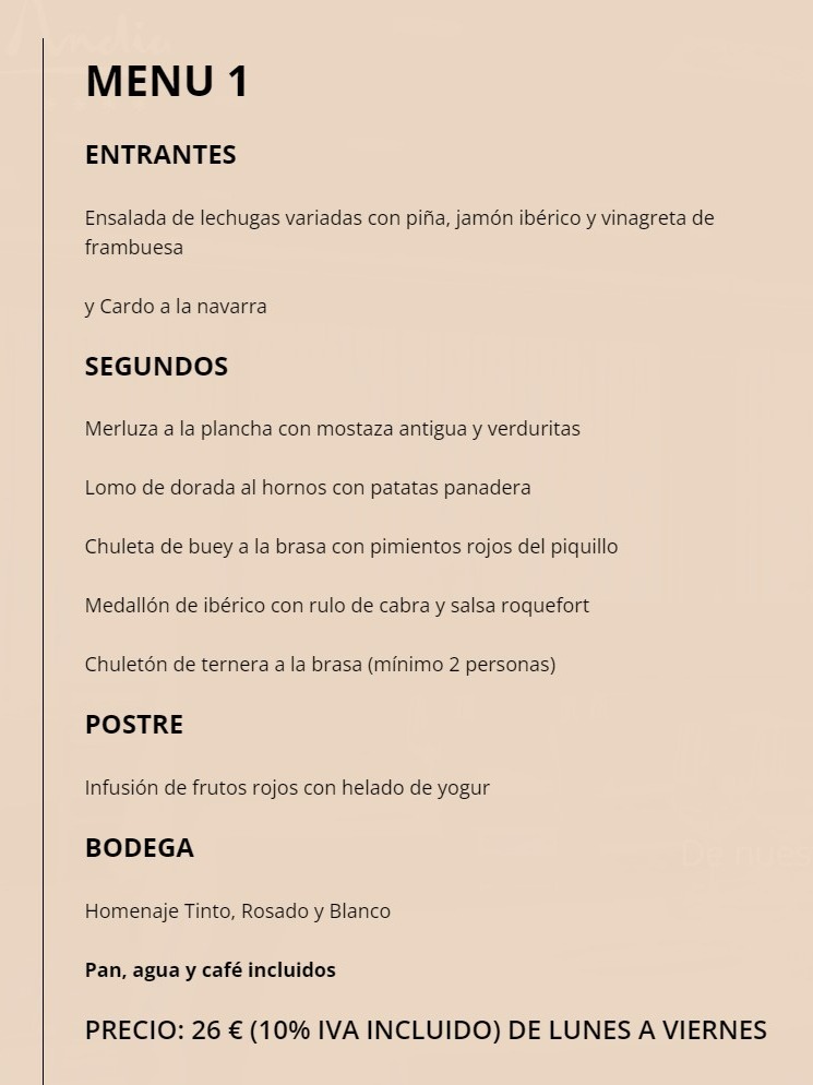 Carta de Restaurantes en Orcoyen, Hotel Andia, Menu 1 (business)