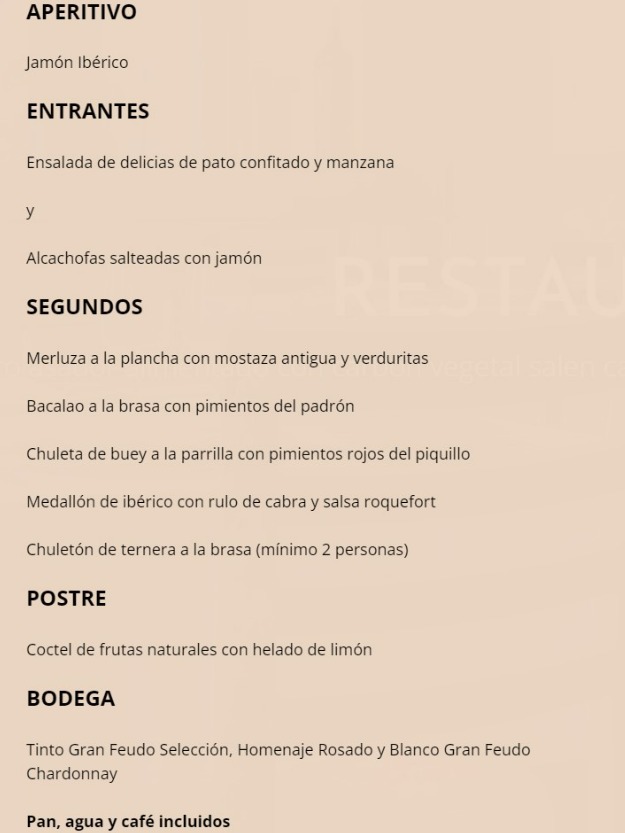 Carta de Restaurantes en Orcoyen, Hotel Andia, Menú 6 (Menú business)