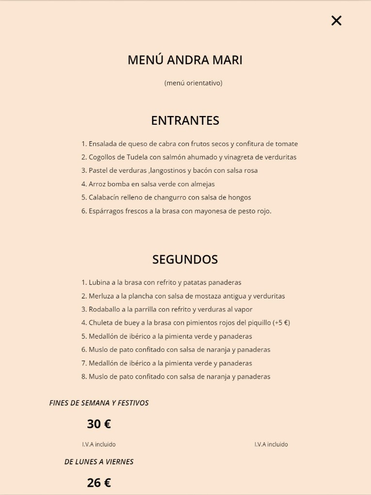 Carta de Restaurantes en Orcoyen, Hotel Andia, Menú Andra Mari