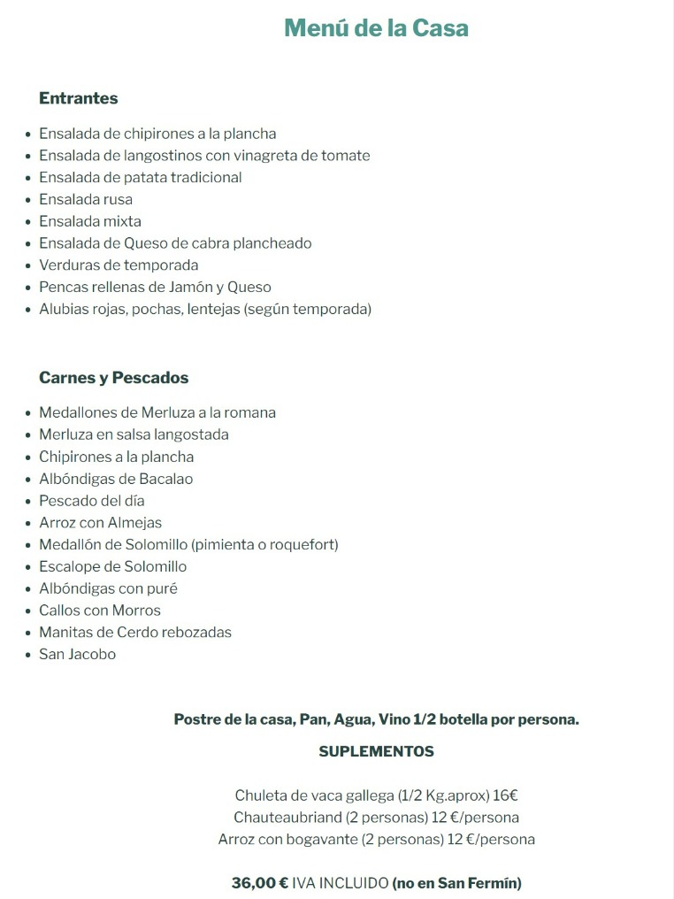 Carta de Restaurantes en Pamplona, Asador Restaurante Casa Amparo, Menú de la Casa