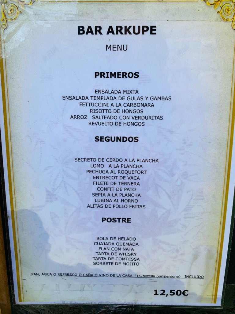 Carta de Bares en Pamplona, Bar Arkupe, Menú